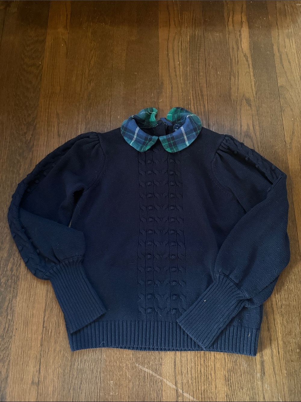 Janie and Jack Navy Sweater with Green and Blue Plaid Collar